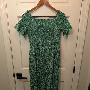 Lulu's High Low Shirred Off-The-Shoulder Green Floral Dress
